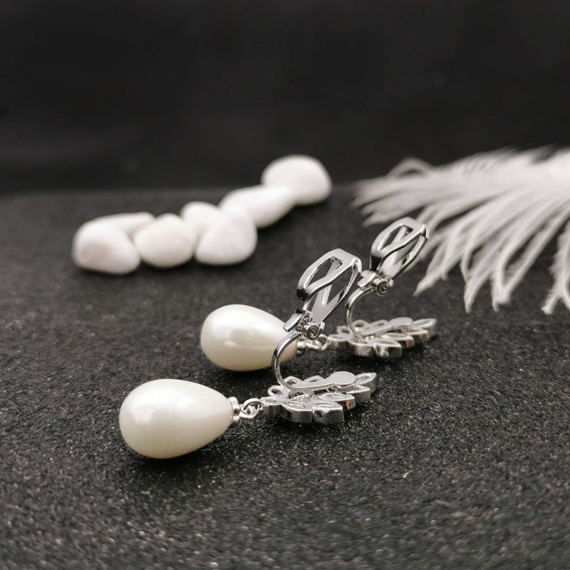 YOQUCOL Leaf-shape Dangle Drop Clip On Earring Zirconia Crystal Simulated Pearl NonPierced Earrings For Women - Image 5